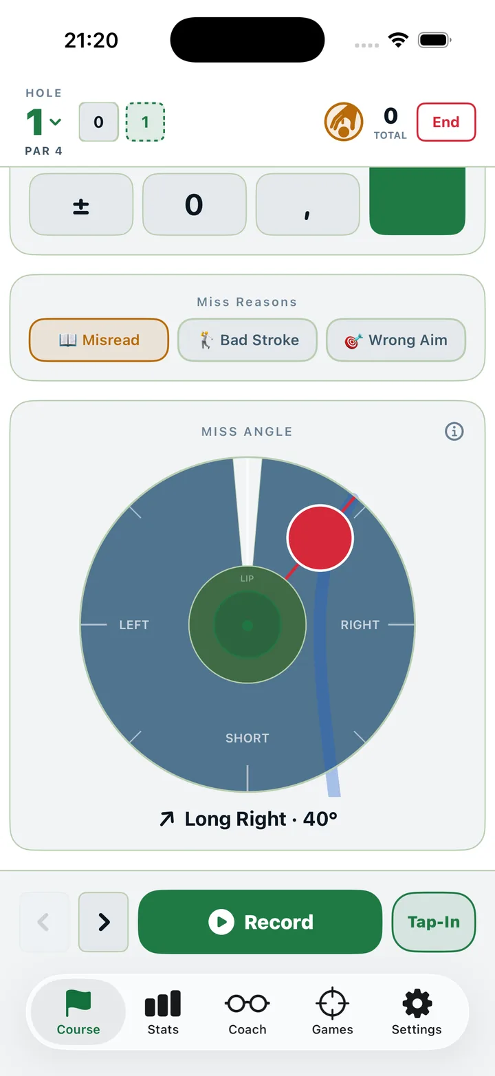 Result input: a ring around the hole to drag to the miss angle