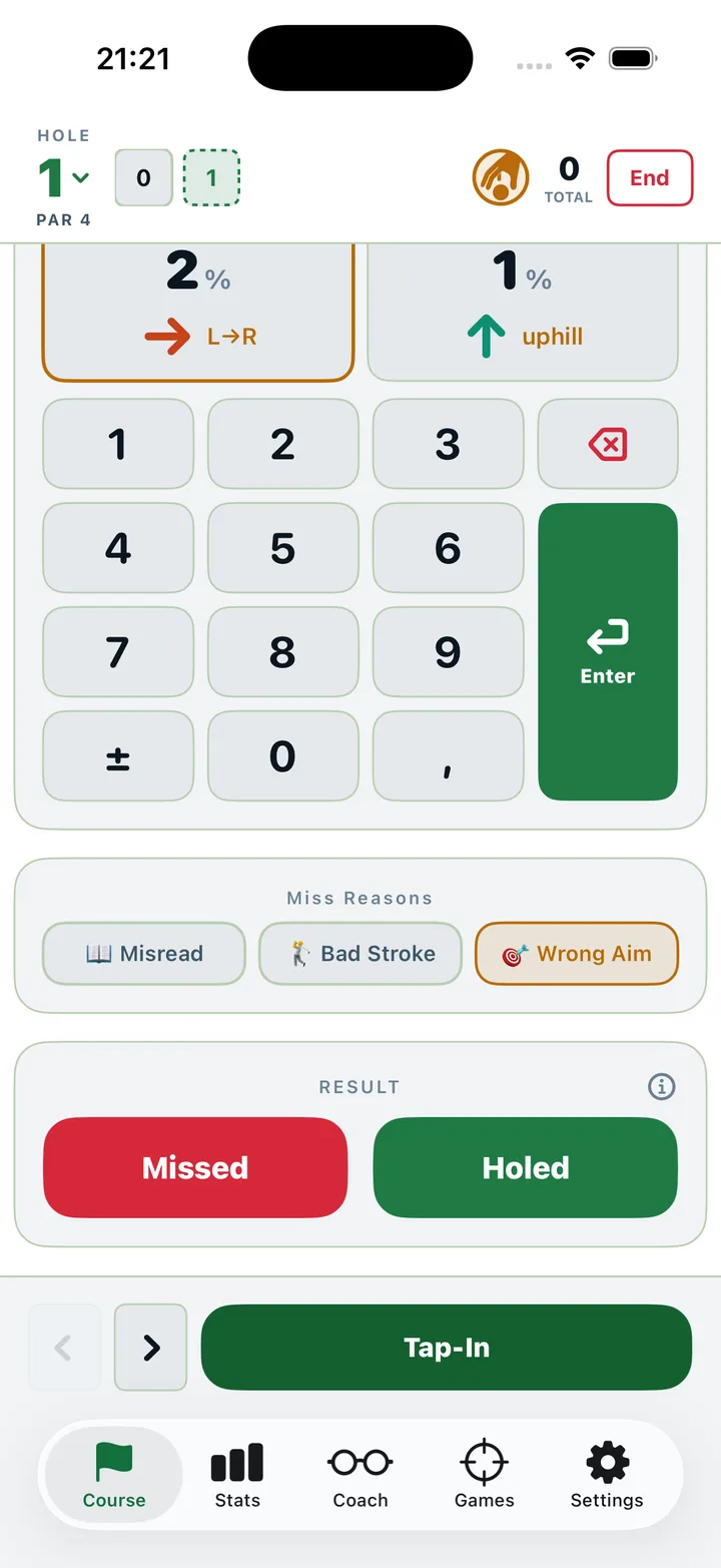 Result input: Missed or Holed